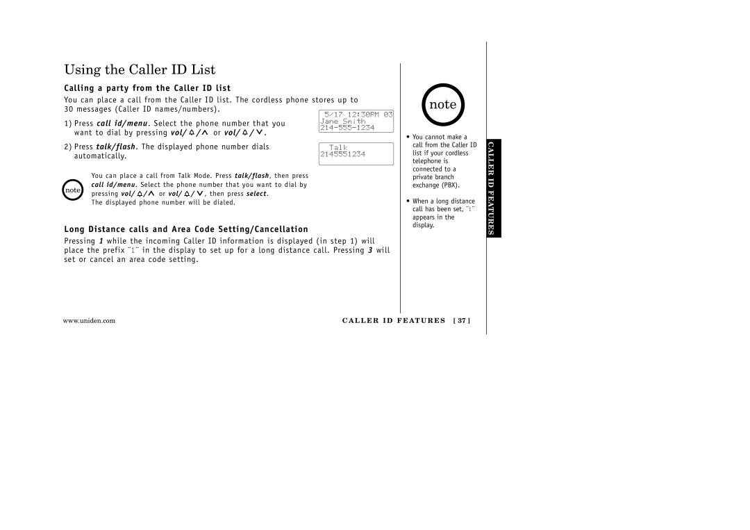 Uniden EXI 5160 manual Using the Caller ID List, Calling a party from the Caller ID list 