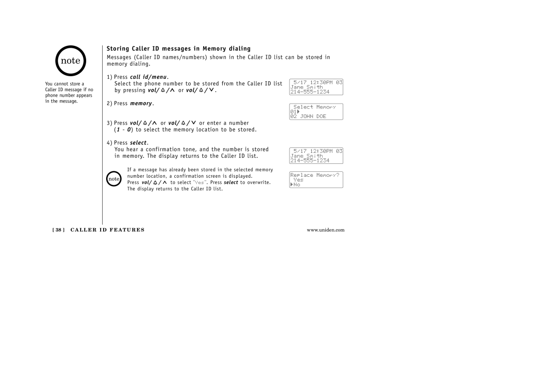 Uniden EXI 5160 manual Storing Caller ID messages in Memory dialing 