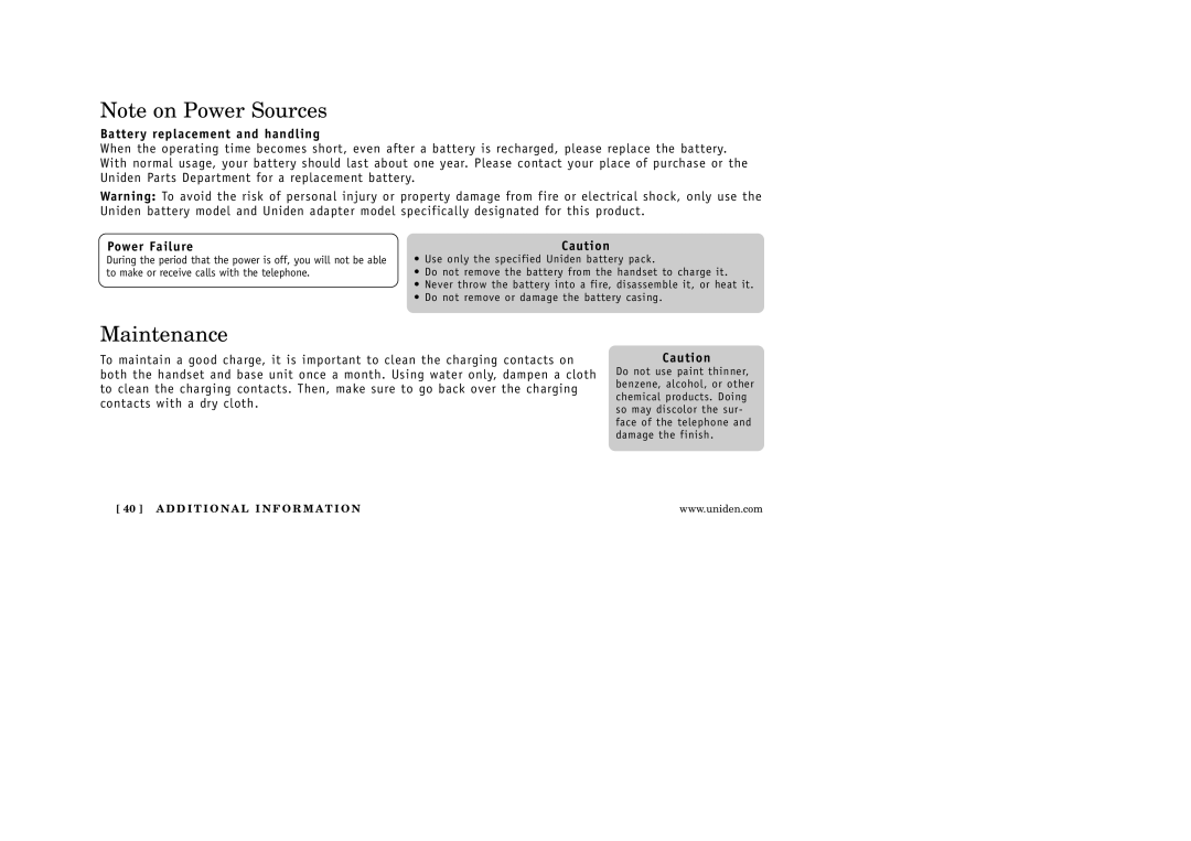 Uniden EXI 5160 manual Maintenance, Battery replacement and handling, Power Failure 