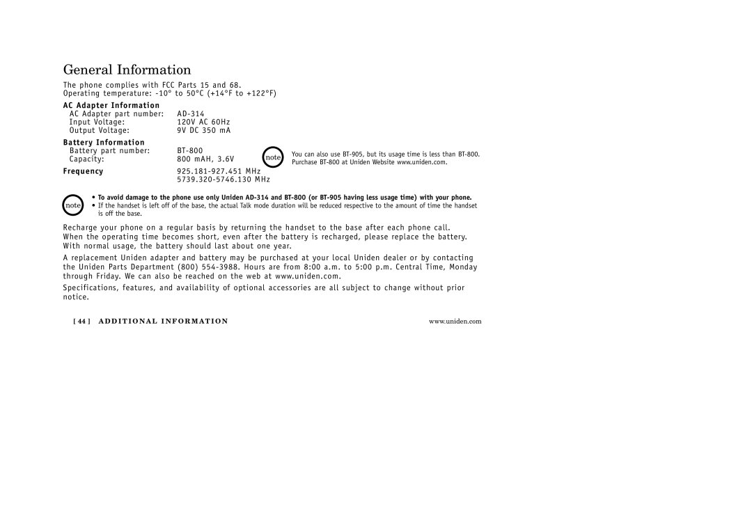 Uniden EXI 5160 manual General Information, AC Adapter Information, Battery Information, Frequency 