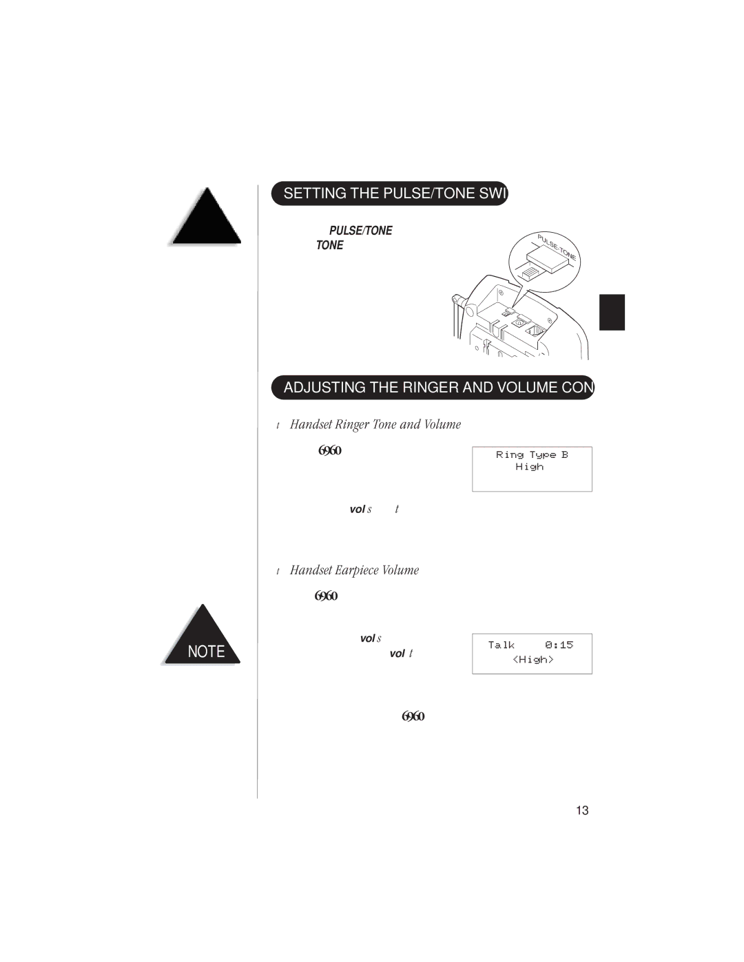 Uniden EXI 6960 manual Setting the PULSE/TONE Switch, Handset Ringer Tone and Volume, Handset Earpiece Volume 