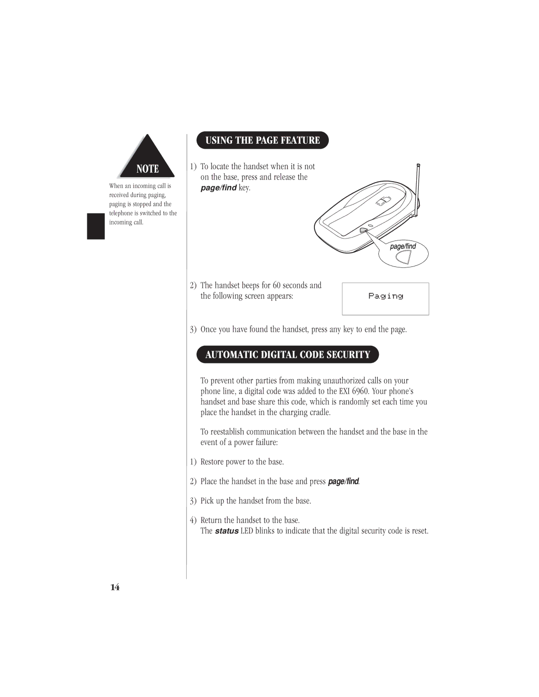 Uniden EXI 6960 manual Using the page Feature, Automatic Digital Code Security, Following screen appears 