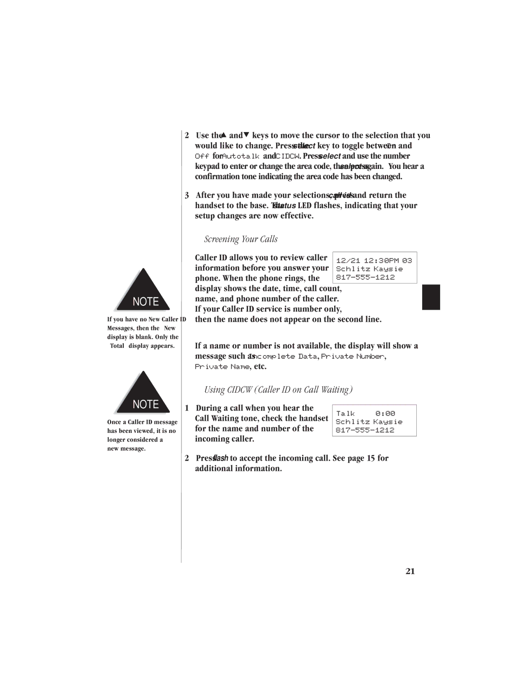Uniden EXI 6960 manual Screening Your Calls, Using Cidcw Caller ID on Call Waiting, During a call when you hear 