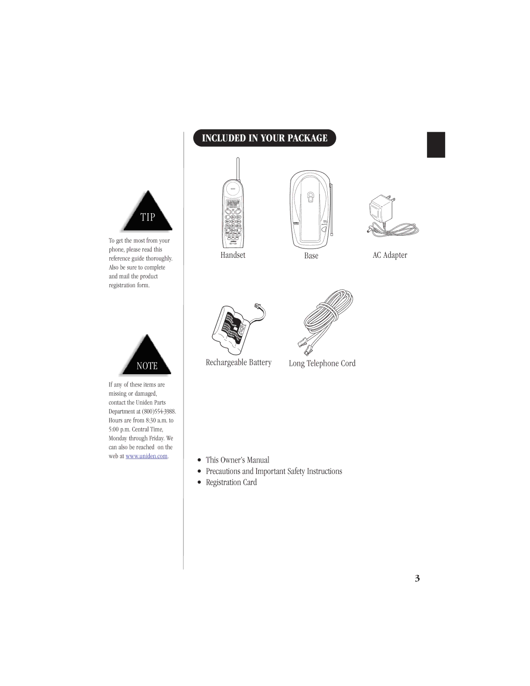 Uniden EXI 6960 manual Included in Your Package, Handset Base AC Adapter Rechargeable Battery 