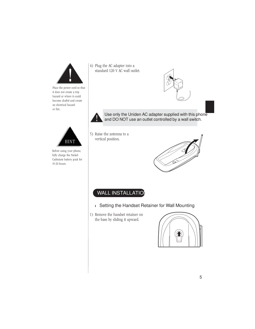 Uniden EXI 6960 manual Wall Installation, Setting the Handset Retainer for Wall Mounting 