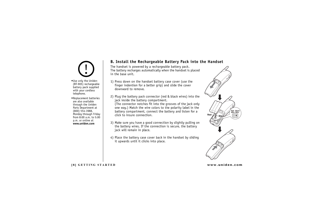 Uniden EXI 7246 Series manual Install the Rechargeable Battery Pack into the Handset 