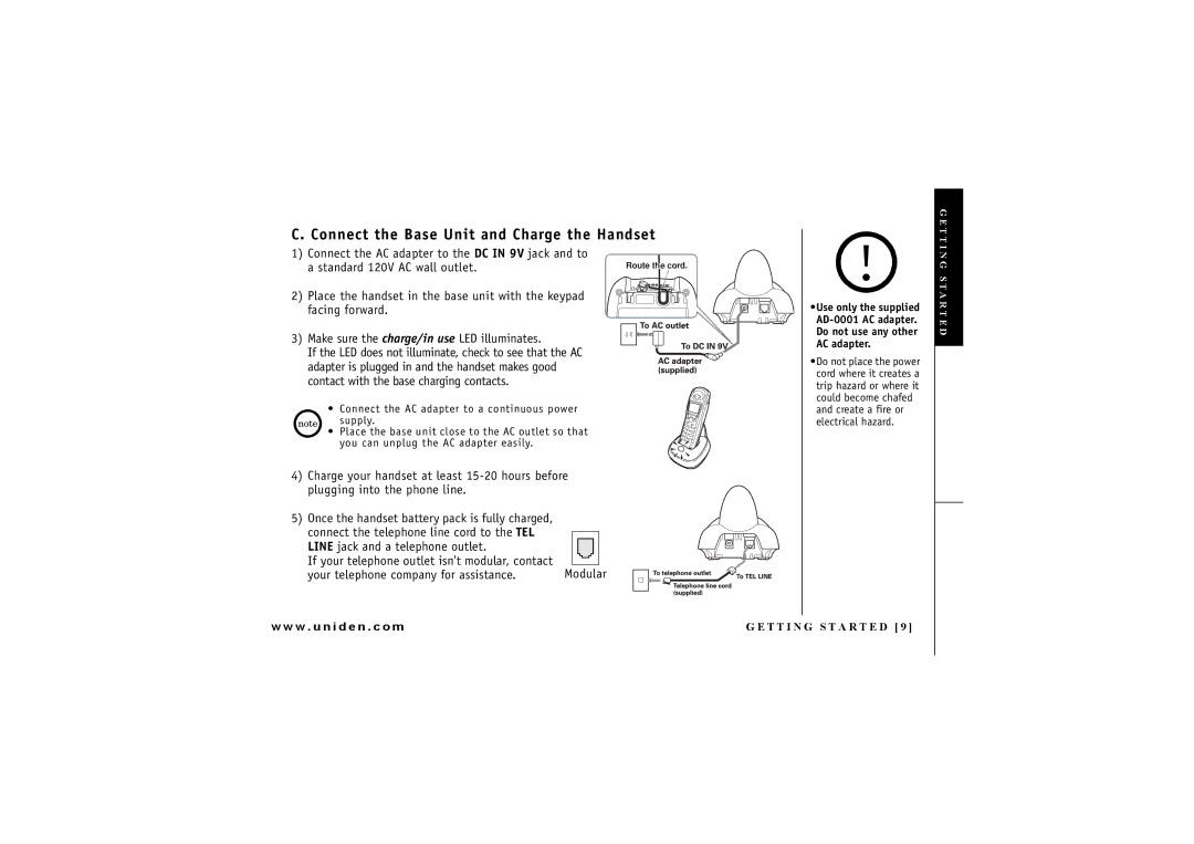 Uniden EXI 7246 Series manual Connect the Base Unit and Charge the Handset, Use only the supplied 