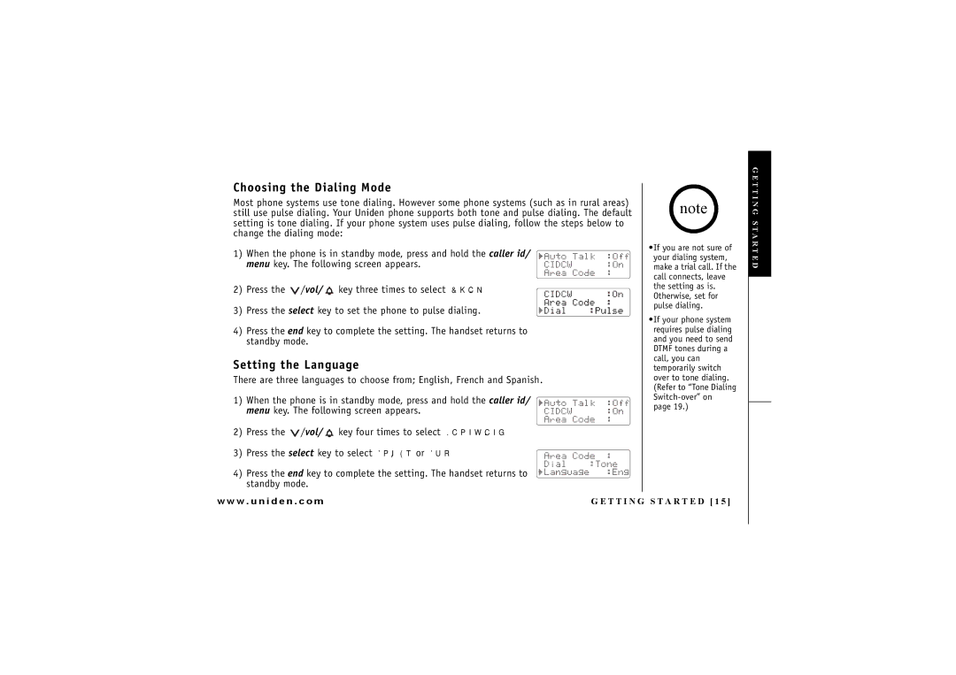 Uniden EXI 7246 Series manual Choosing the Dialing Mode, Setting the Language 