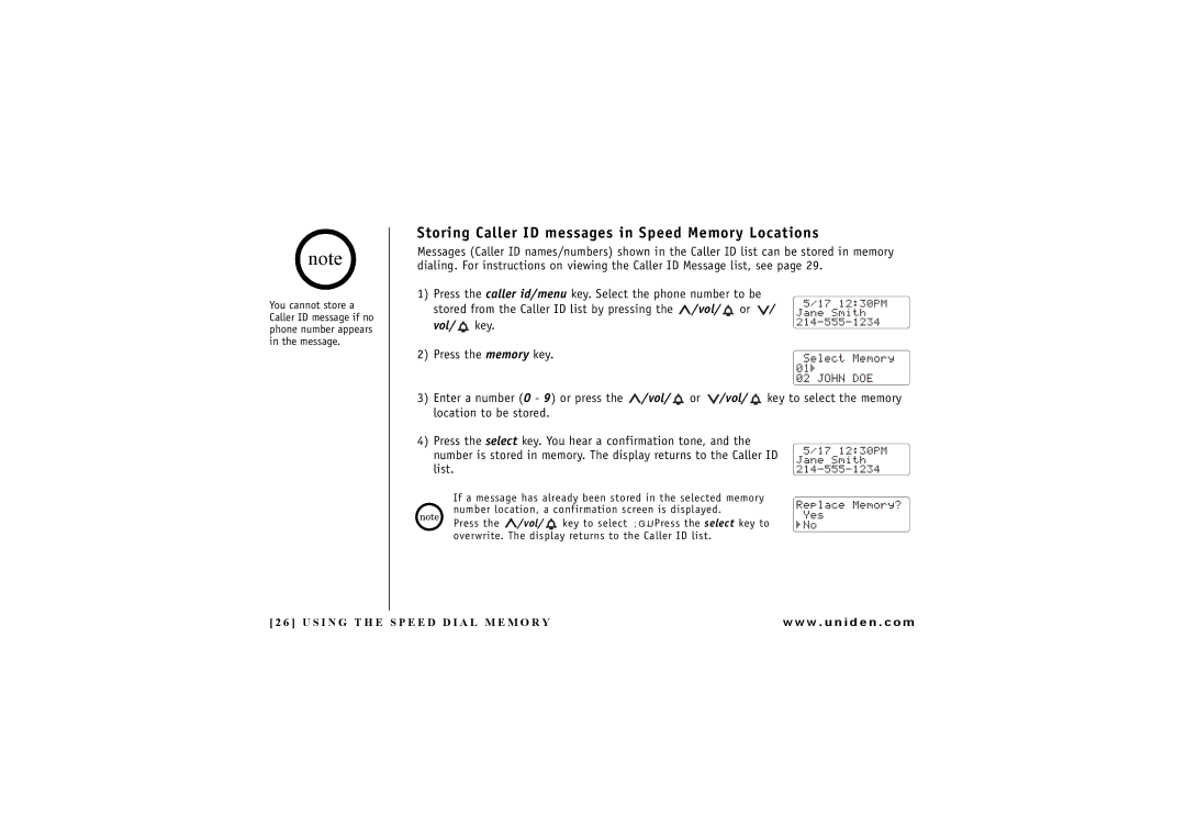 Uniden EXI 7246 Series manual Storing Caller ID messages in Speed Memory Locations 