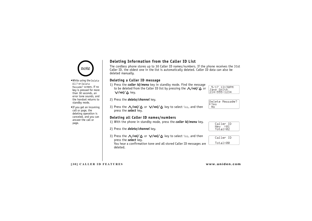 Uniden EXI 7246 Series manual Deleting Information from the Caller ID List, Deleting a Caller ID message 