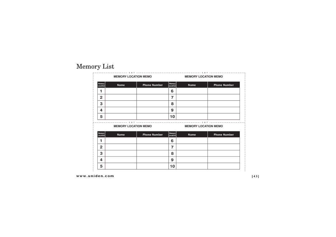 Uniden EXI 7246 Series manual Memory List 