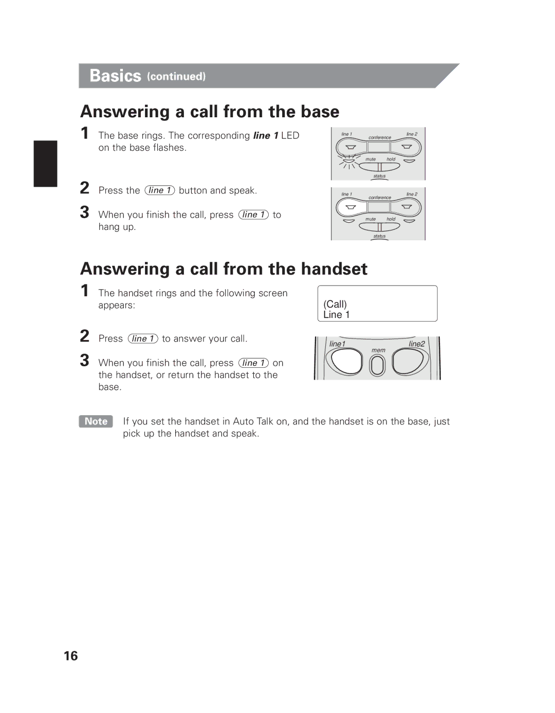 Uniden EXI 7926 manual Answering a call from the base, Answering a call from the handset 