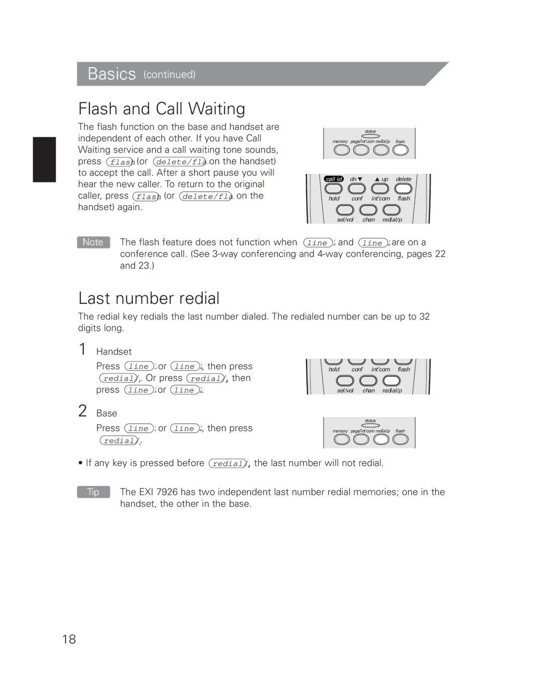 Uniden EXI 7926 manual Flash and Call Waiting, Last number redial, Handset, Base 