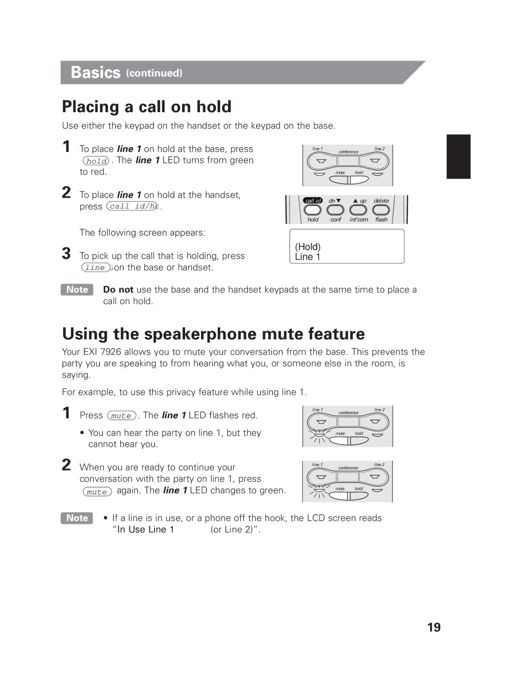 Uniden EXI 7926 manual Placing a call on hold, Using the speakerphone mute feature 