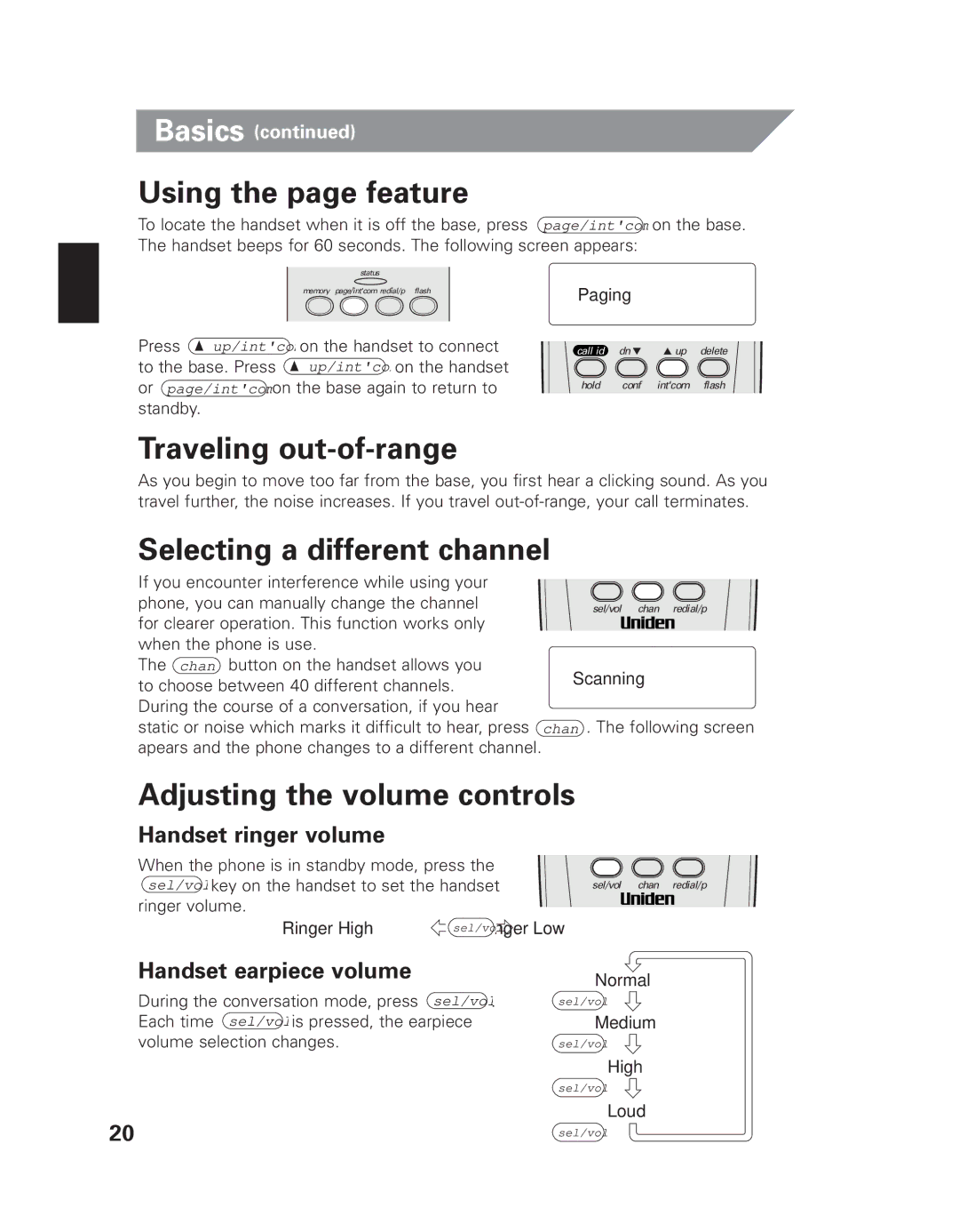 Uniden EXI 7926 manual Using the page feature, Traveling out-of-range, Selecting a different channel 