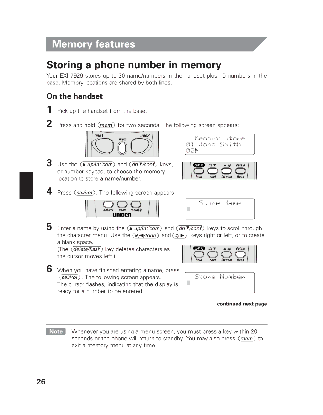 Uniden EXI 7926 manual Memory features, Storing a phone number in memory, On the handset 