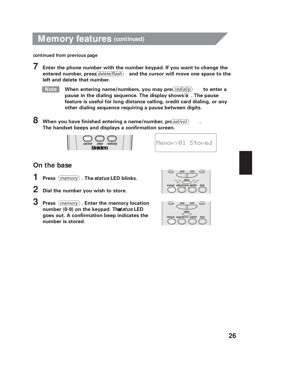 Uniden EXI 7926 manual On the base 