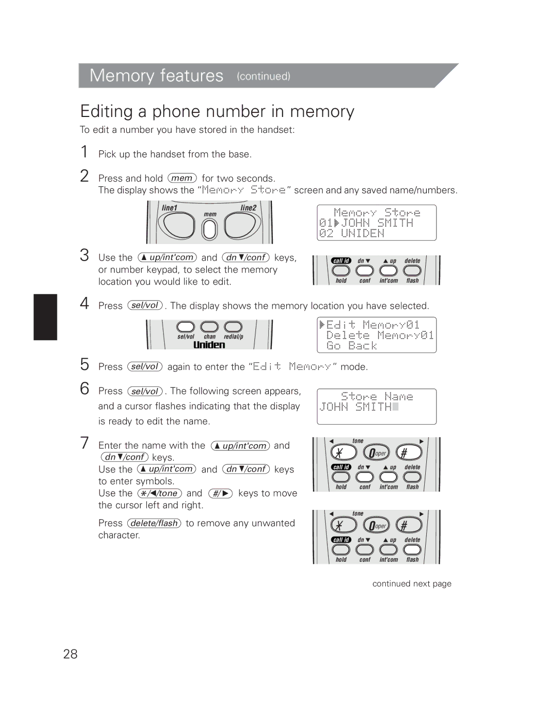 Uniden EXI 7926 manual Editing a phone number in memory 