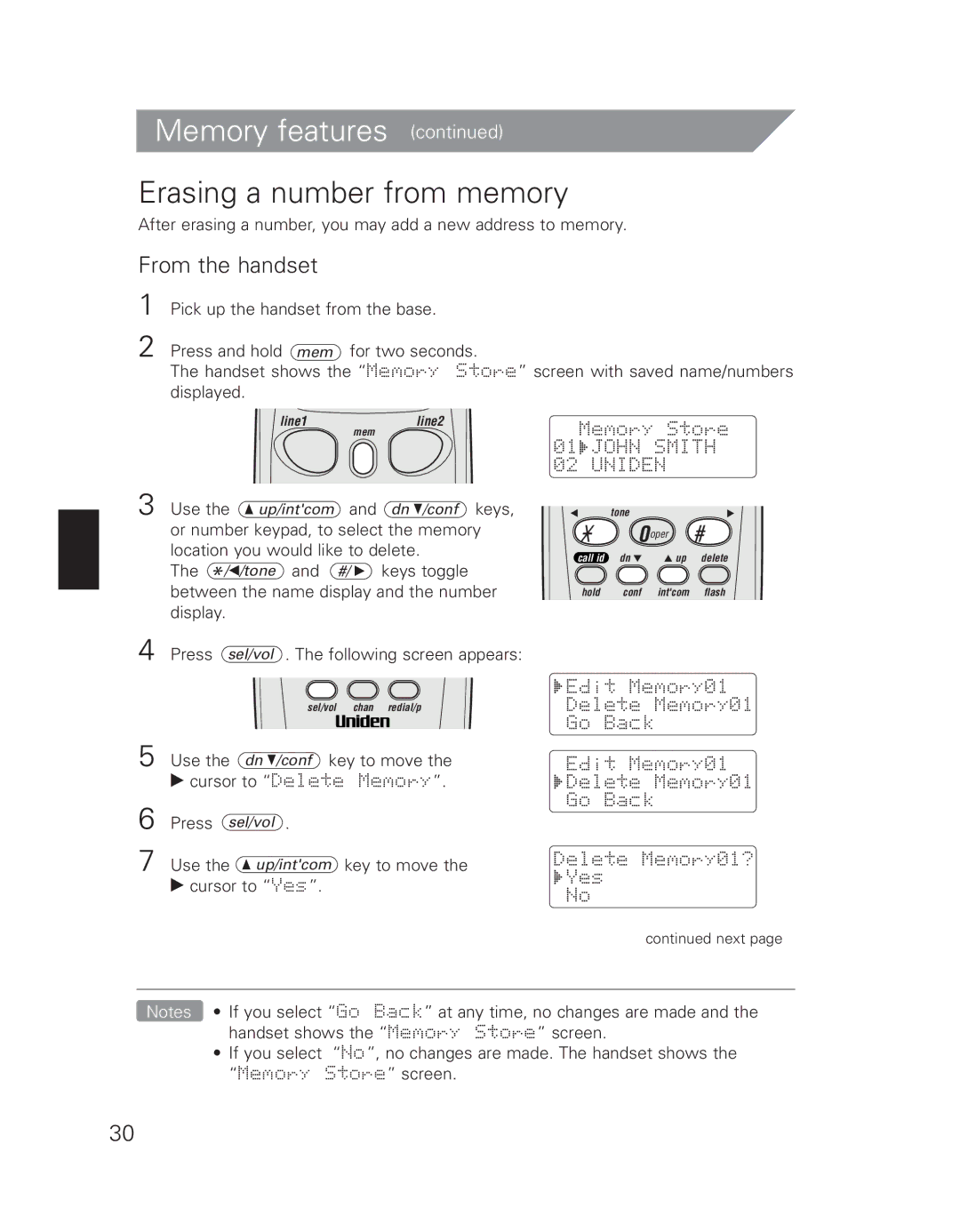 Uniden EXI 7926 manual Erasing a number from memory, From the handset 