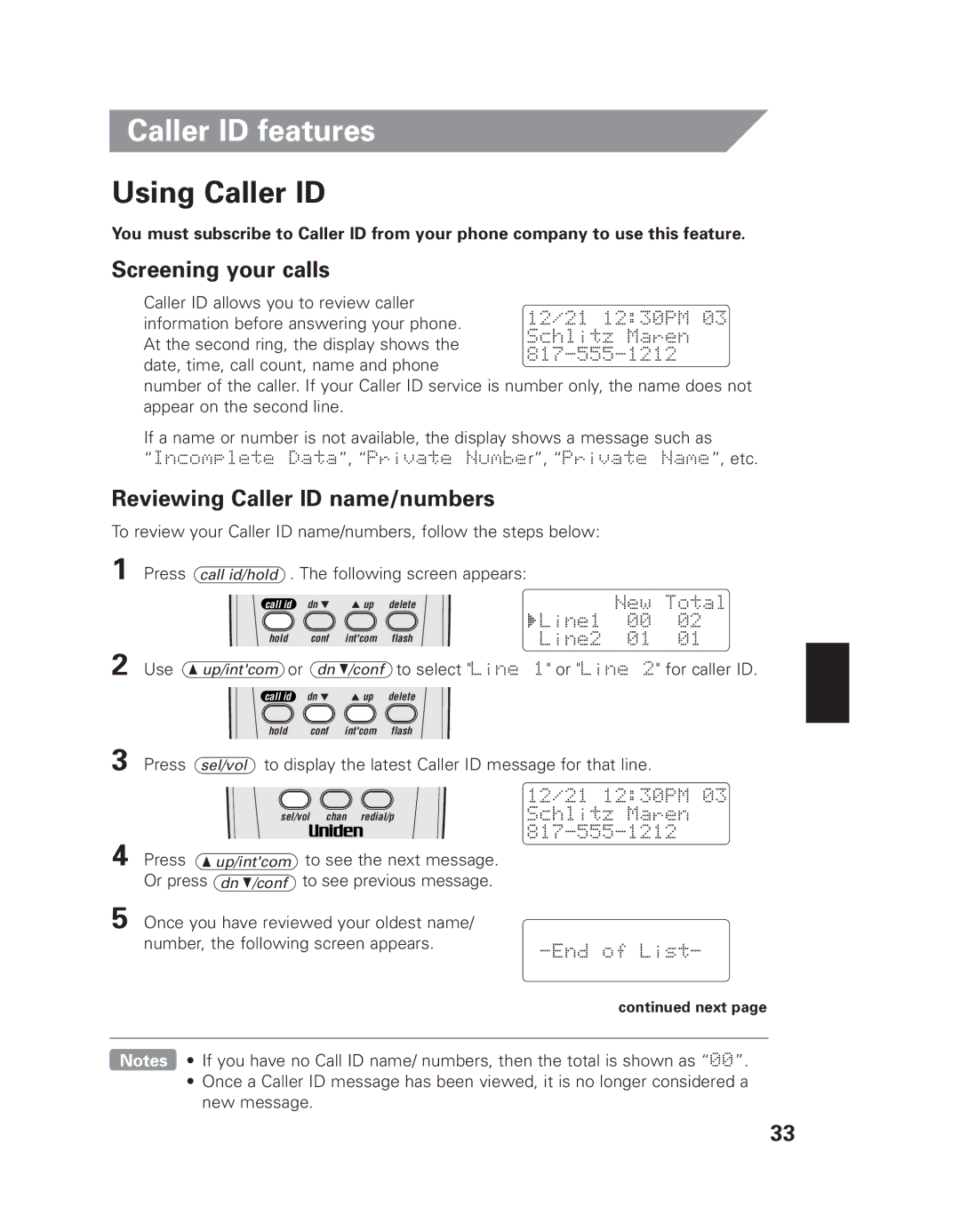 Uniden EXI 7926 manual Caller ID features, Using Caller ID, Screening your calls, Reviewing Caller ID name/numbers 