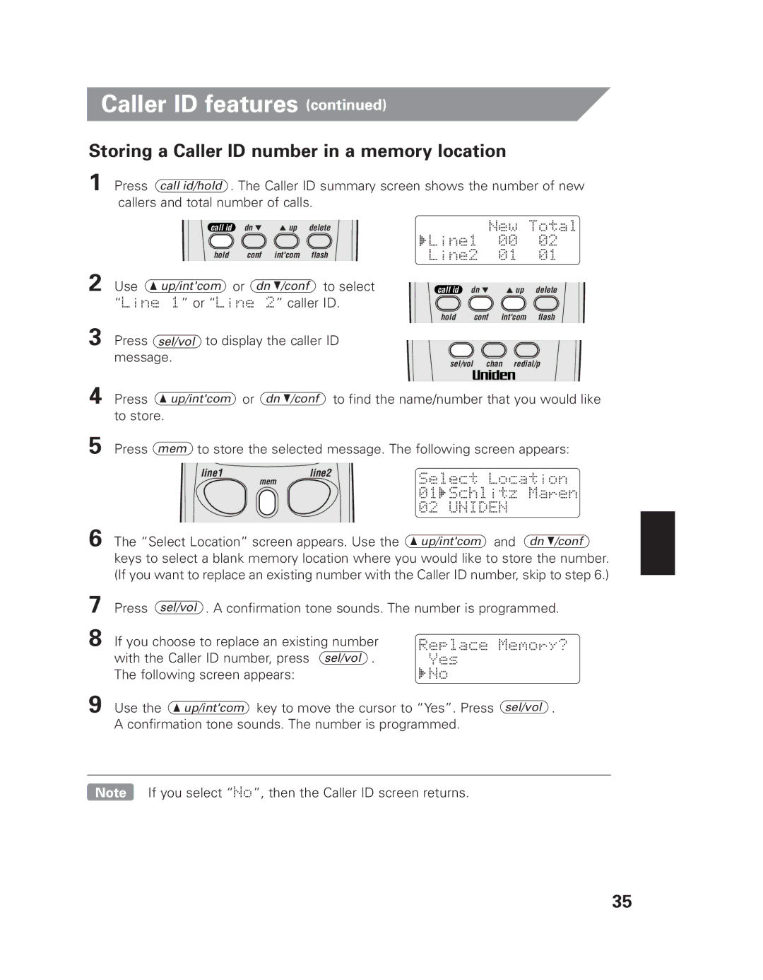 Uniden EXI 7926 manual Storing a Caller ID number in a memory location, Select Location screen appears. Use 