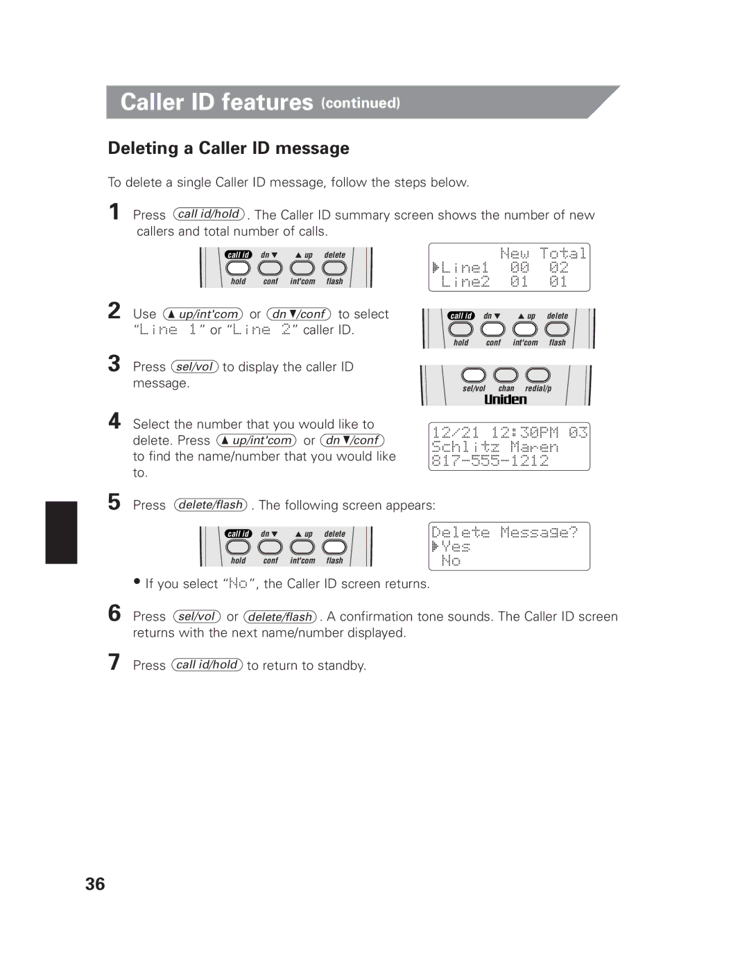 Uniden EXI 7926 manual Deleting a Caller ID message 