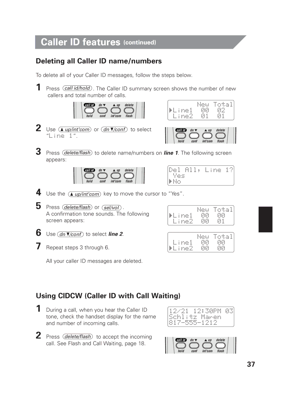 Uniden EXI 7926 manual Deleting all Caller ID name/numbers, Using Cidcw Caller ID with Call Waiting 