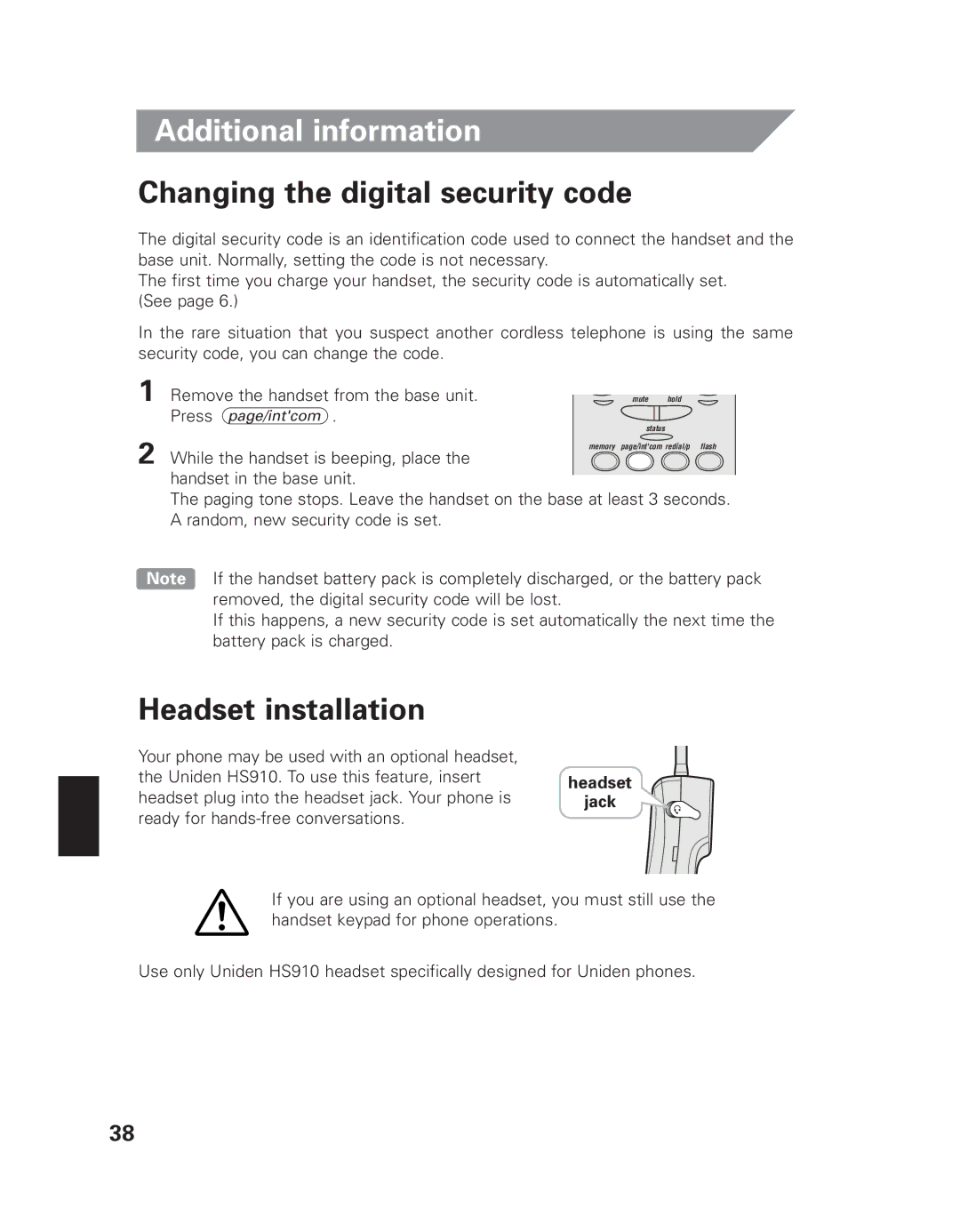 Uniden EXI 7926 manual Additional information, Changing the digital security code, Headset installation, Headset Jack 