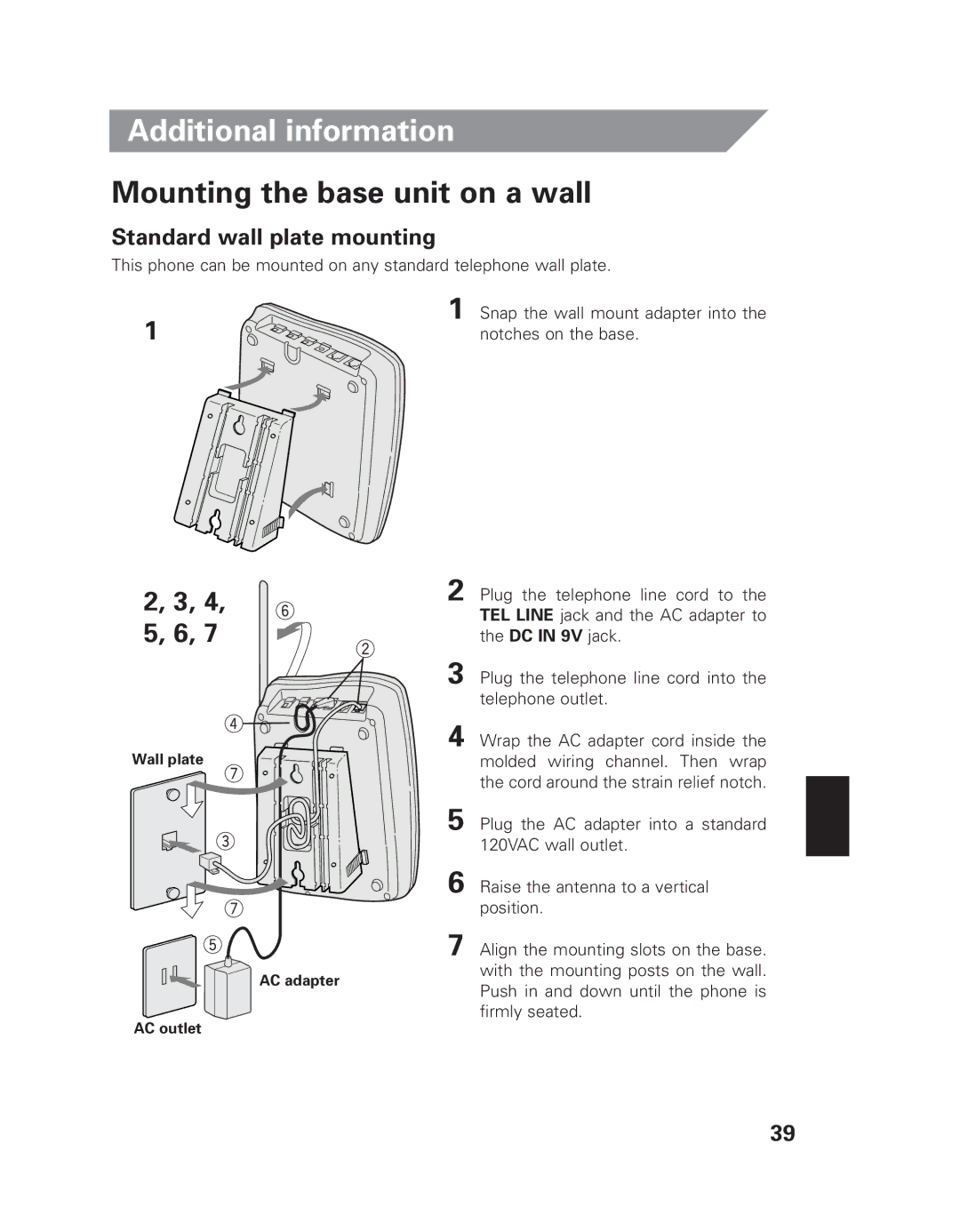 Uniden EXI 7926 manual Mounting the base unit on a wall, Standard wall plate mounting 