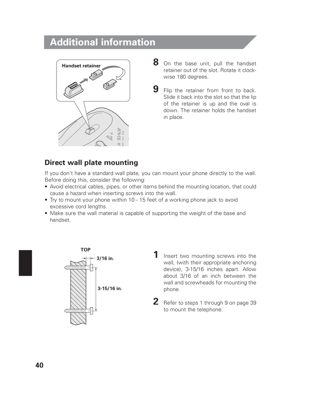 Uniden EXI 7926 manual Direct wall plate mounting 