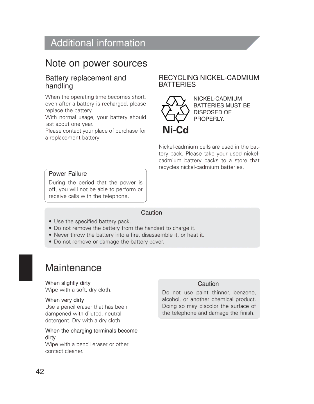 Uniden EXI 7926 manual Maintenance, Battery replacement and handling, When slightly dirty, When very dirty 