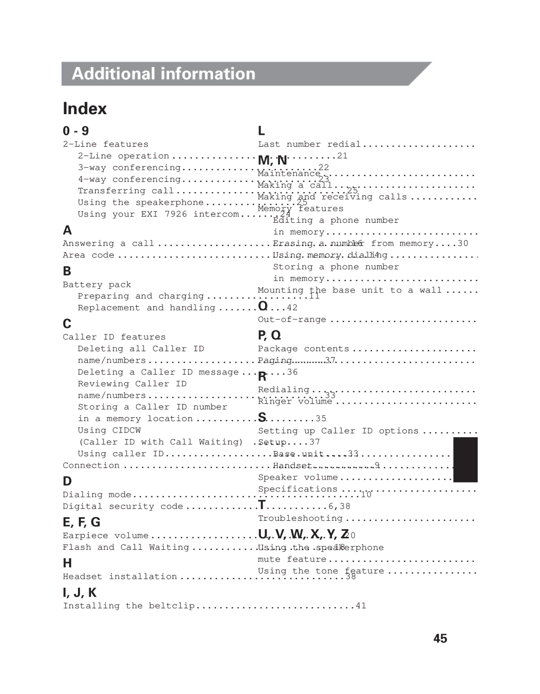 Uniden EXI 7926 manual Index, W, X, Y, Z 