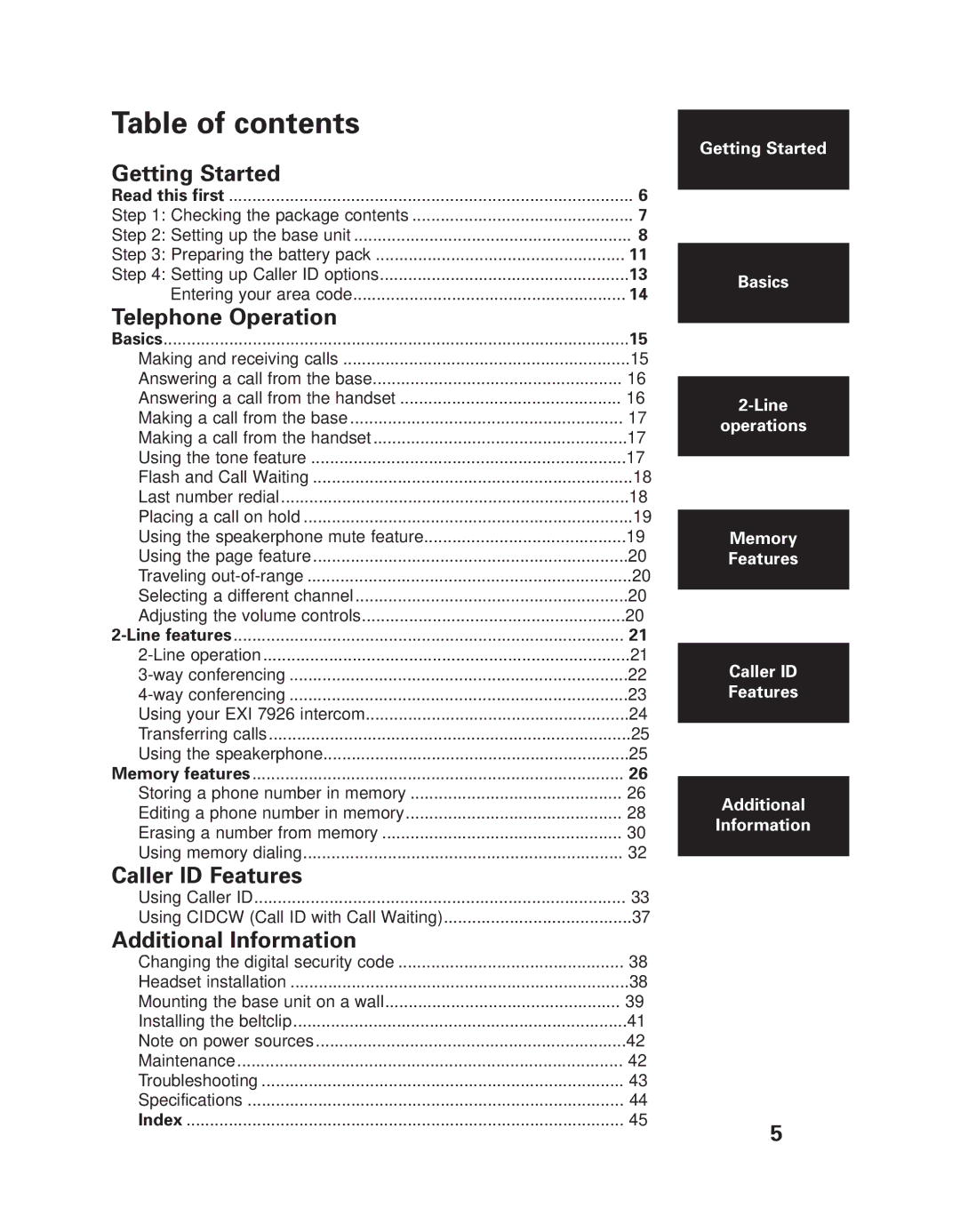 Uniden EXI 7926 manual Table of contents 