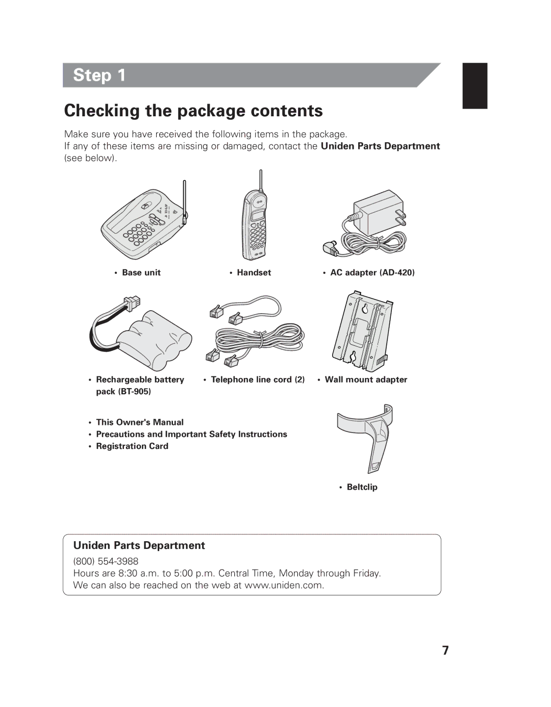 Uniden EXI 7926 manual Step, Checking the package contents 