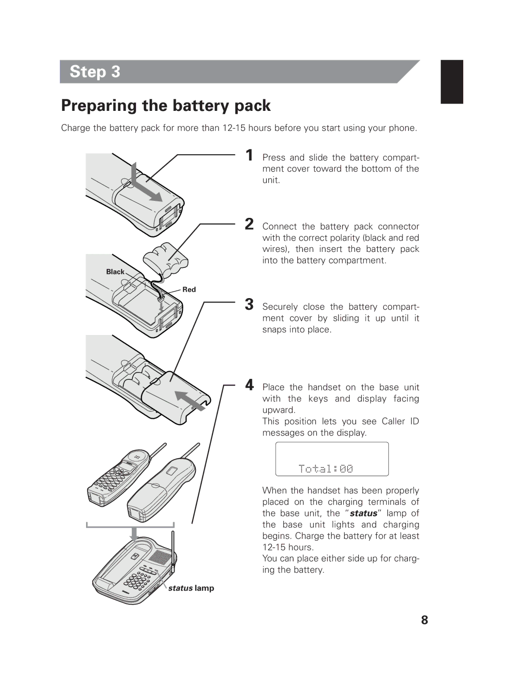 Uniden EXI 8965 owner manual Step, Preparing the battery pack 