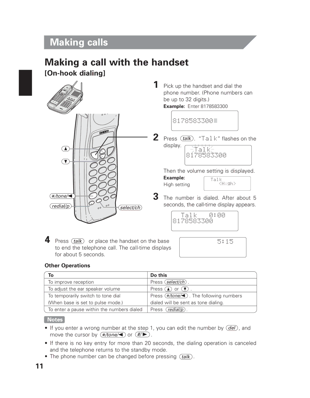 Uniden EXI 8965 owner manual Making calls, Making a call with the handset, On-hook dialing 