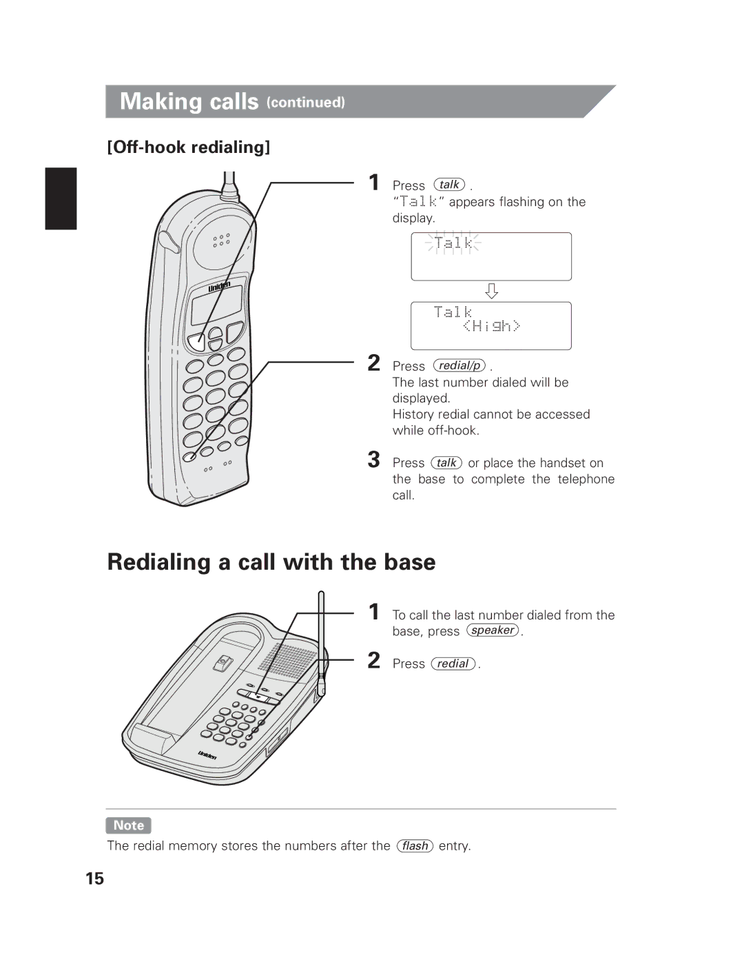 Uniden EXI 8965 owner manual Redialing a call with the base, Off-hook redialing 