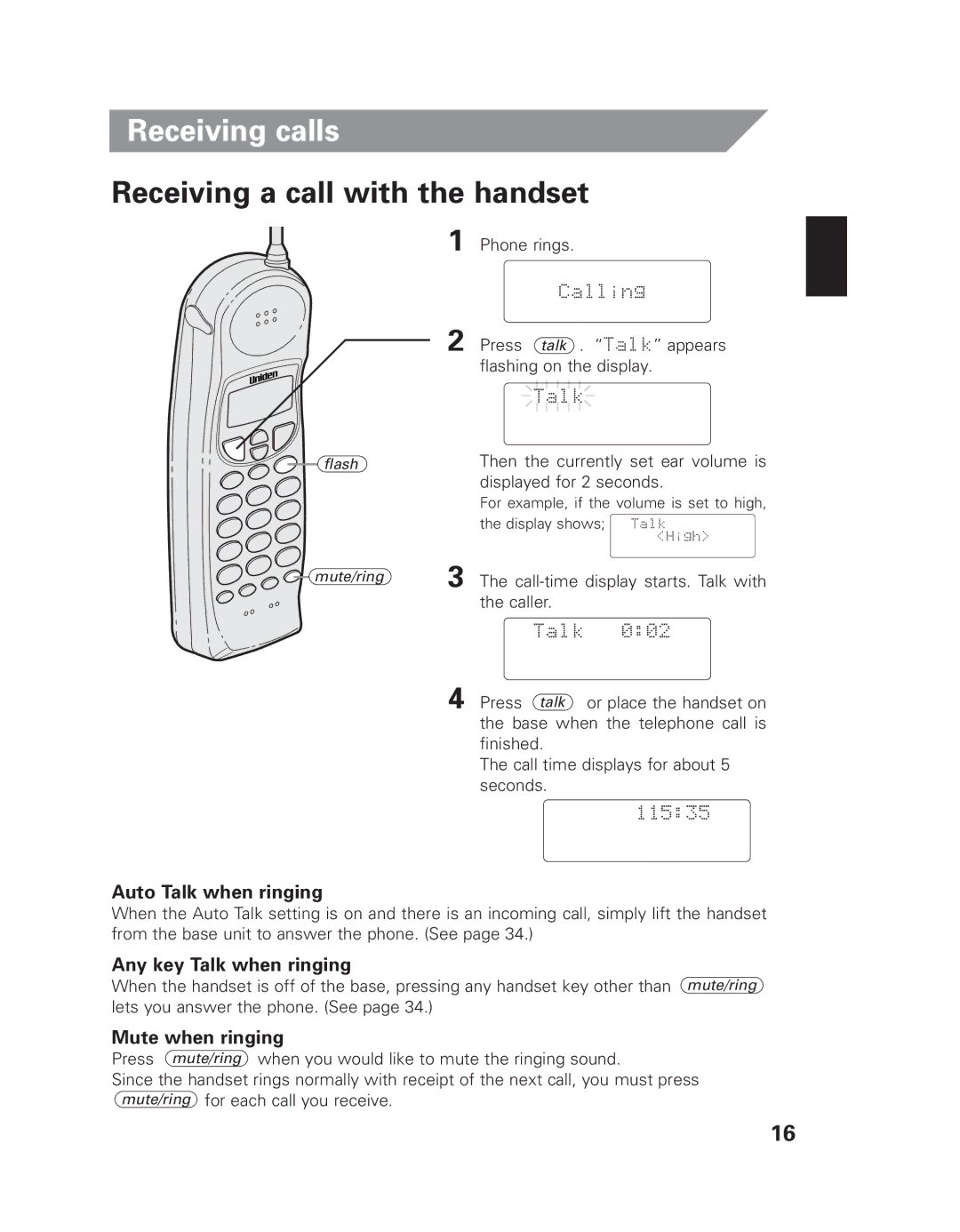 Uniden EXI 8965 Receiving calls, Receiving a call with the handset, Auto Talk when ringing, Any key Talk when ringing 