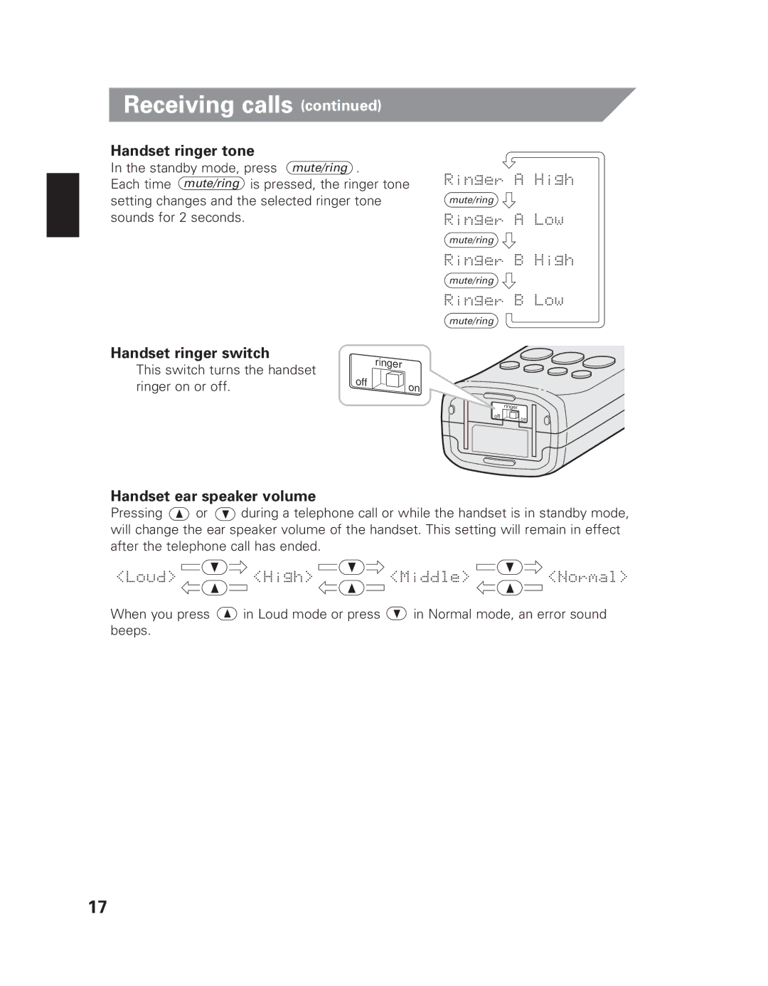 Uniden EXI 8965 owner manual Handset ringer tone, Handset ringer switch, Handset ear speaker volume 