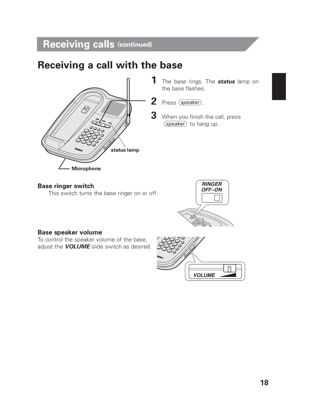 Uniden EXI 8965 owner manual Receiving a call with the base, Base ringer switch, Base speaker volume 