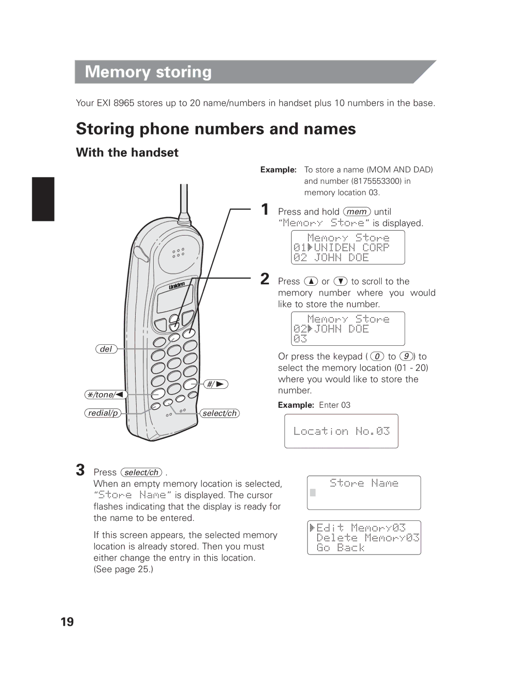 Uniden EXI 8965 owner manual Memory storing, Storing phone numbers and names, With the handset 