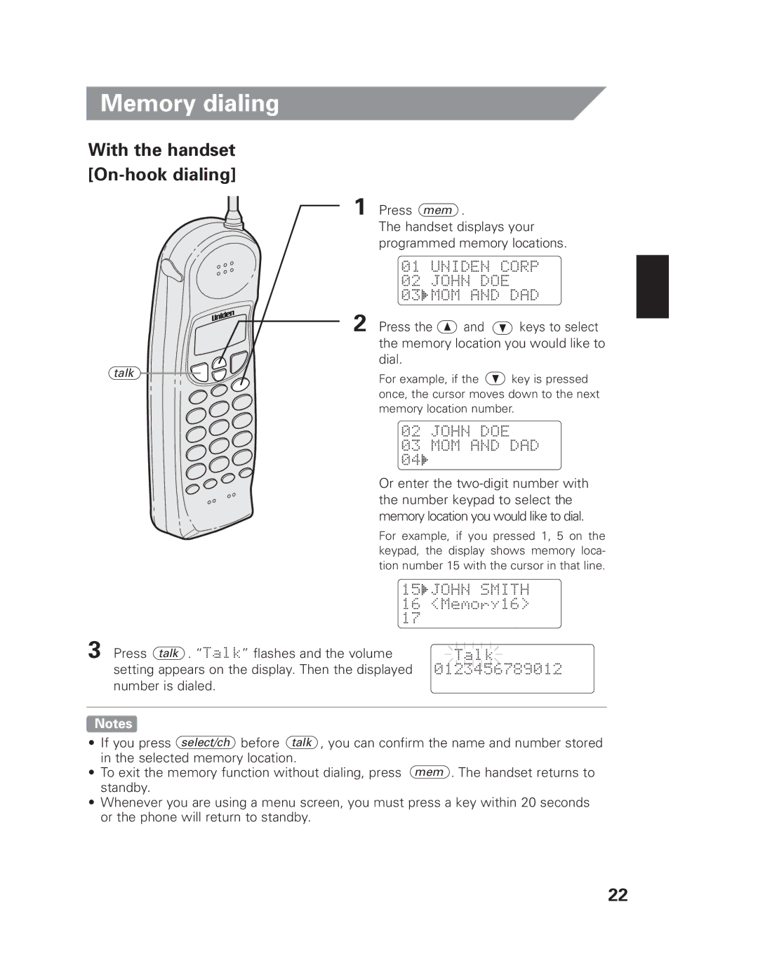 Uniden EXI 8965 owner manual Memory dialing, With the handset On-hook dialing 