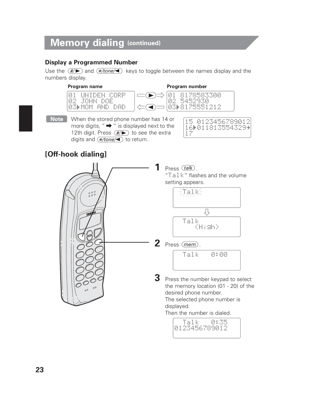 Uniden EXI 8965 owner manual Off-hook dialing, Display a Programmed Number 