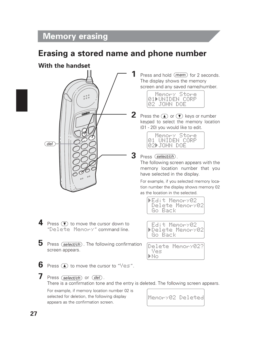 Uniden EXI 8965 owner manual Memory erasing, Erasing a stored name and phone number 