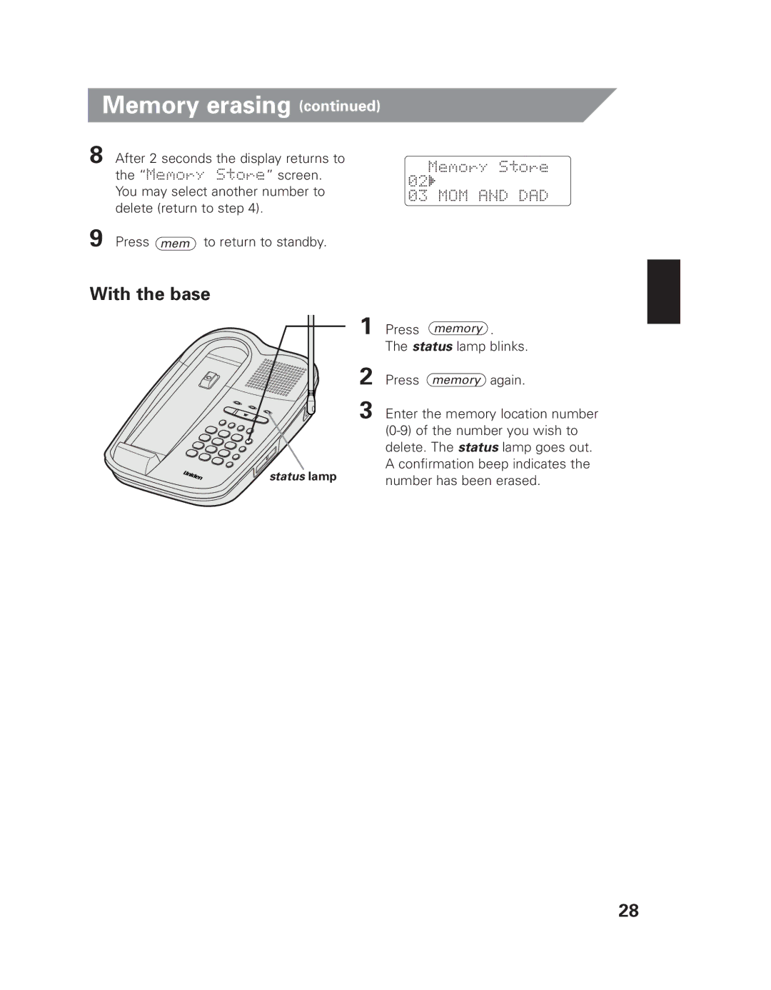 Uniden EXI 8965 owner manual With the base 