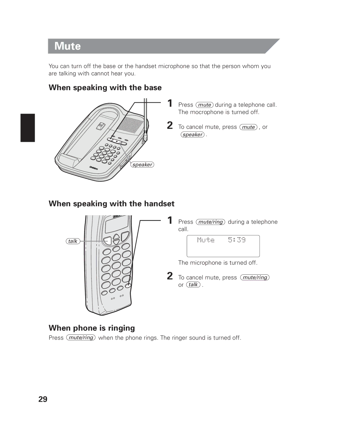 Uniden EXI 8965 owner manual Mute, When speaking with the base, When speaking with the handset, When phone is ringing 