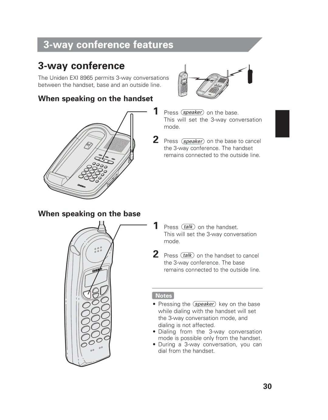 Uniden EXI 8965 owner manual Way conference features, When speaking on the handset, When speaking on the base 