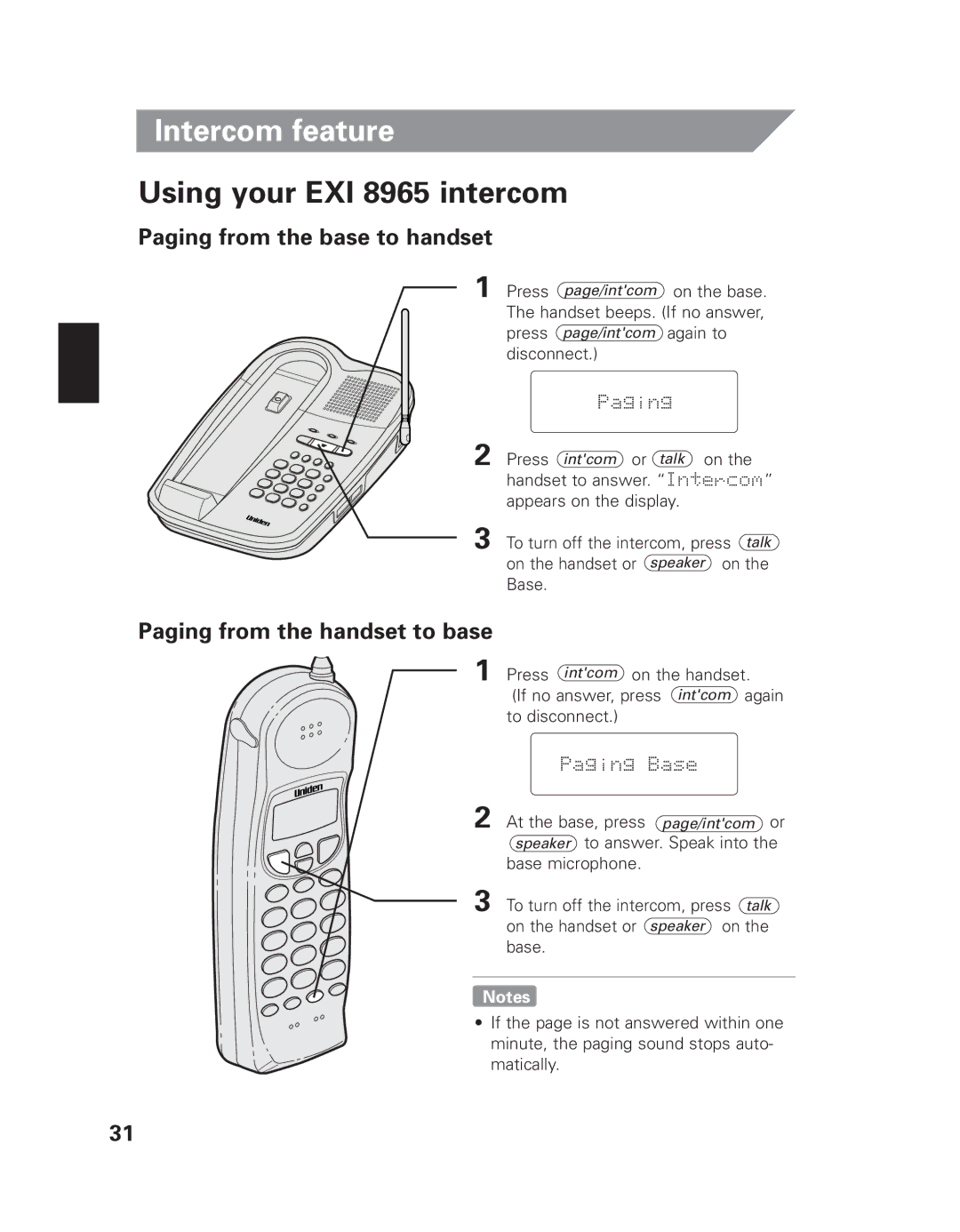 Uniden Intercom feature, Using your EXI 8965 intercom, Paging from the base to handset, Paging from the handset to base 