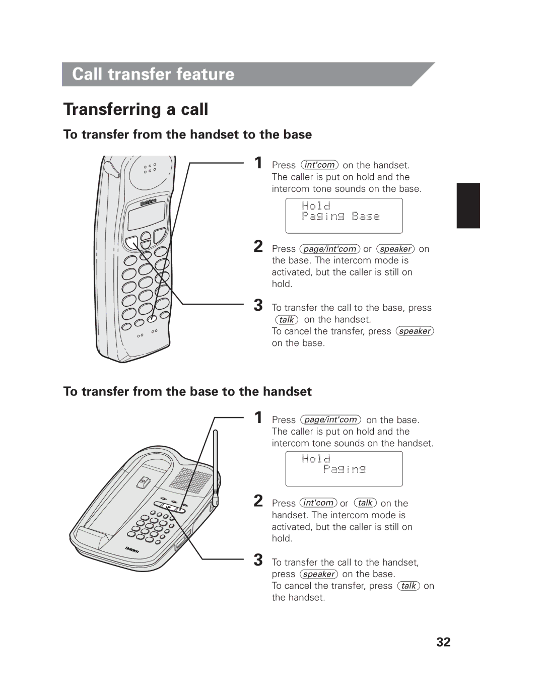 Uniden EXI 8965 owner manual Call transfer feature, Transferring a call, To transfer from the handset to the base 