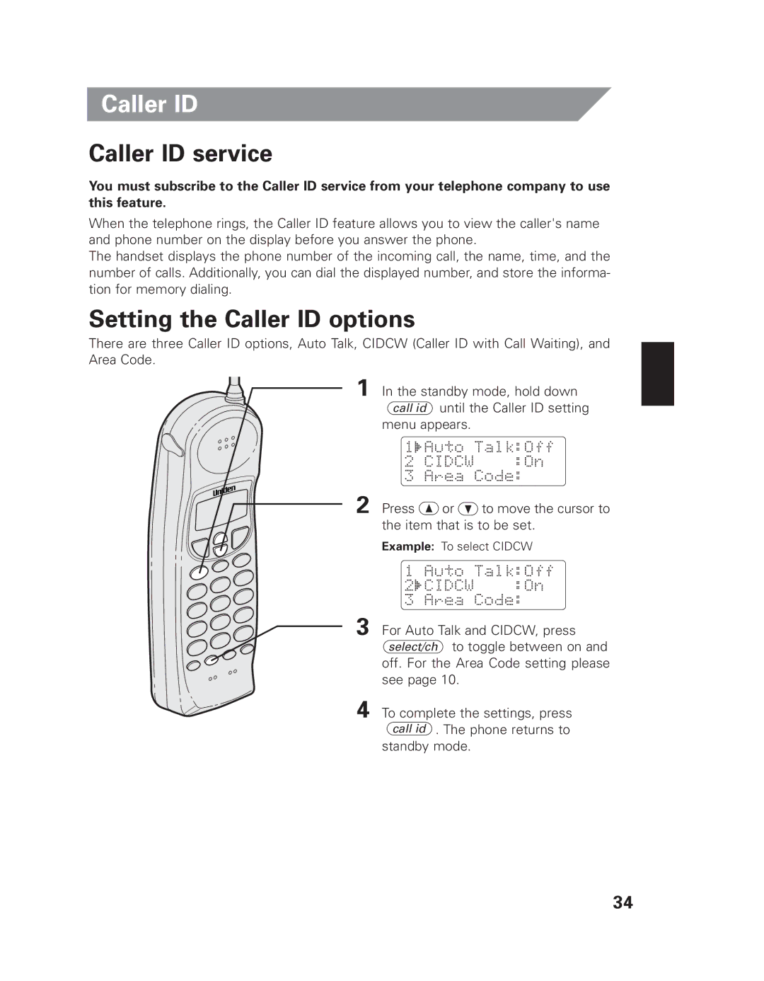 Uniden EXI 8965 owner manual Caller ID service, Setting the Caller ID options 